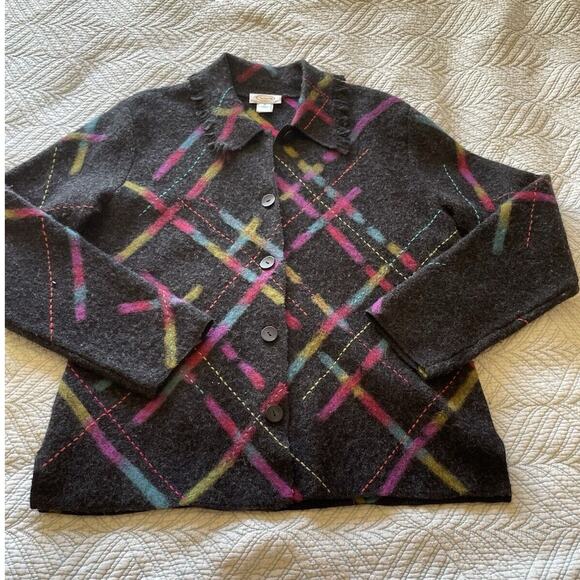 Vintage Talbots Boiled Wool Grey & Rainbow Disco Button Up Fringe Cardigan Med - Picture 1 of 9